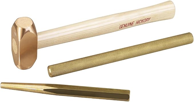 OTC 4606 3-Piece Brass Hammer and Punch Set - Non-Sparking Brass Tools Prevent Spark Hazards and Won't Damage Precision Metal Parts; Includes Hammer and Drift and Tapered Punches