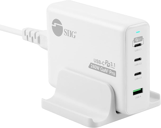 SIIG 240W USB-C 4-Port PD GaN Charger, 3C1A, PD 3.1/ QC 3.0 Fast Charging for MacBook Pro/Air iPad iPhone 14 Plus 13 12 Pro Max Samsung Galaxy Note 20 S22 Pixel and More (AC-PW1X11-S1)