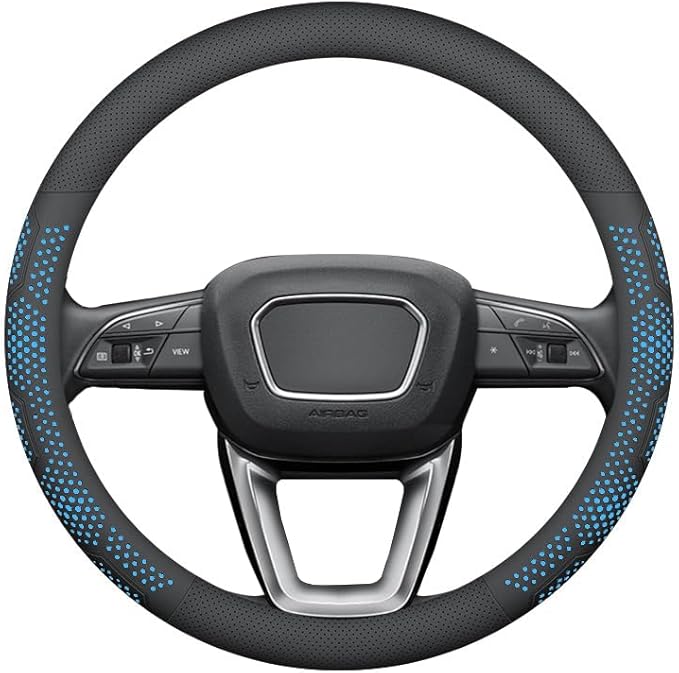 Yangday Leather Steering Wheel Cover for Jeep Wrangler Grand Cherokee Compass, 14.5-15 inches Car Steering Wheel Cover with Non-Slip Breathable (Blue)