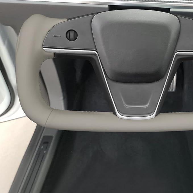 MEWANT Hand Stitch Grey Genuine Leather Steering Wheel Cover for Tesla Model S Plaid Yoke 2021-2023 Model X 2021-2023