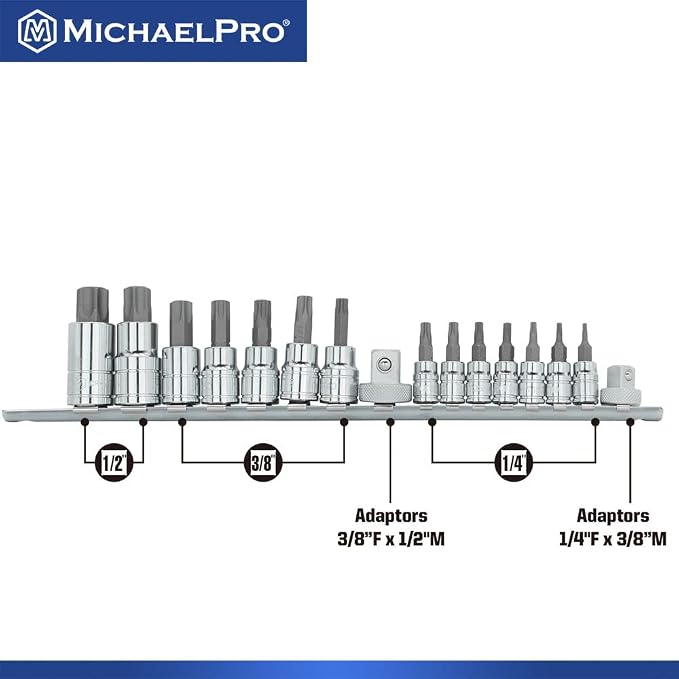 MichaelPro 16-Piece Torx Bit Socket Set with Rail, 1/4'', 3/8'' and 1/2'' Drives, T8 - T70, High Torque Resistant S2 Steel, Socket Adapters and Rail Organizer Included - MP012022