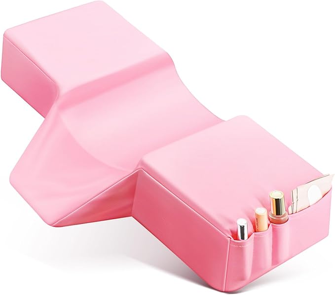 Onism 23'' Extra Wide Lash Pillow for Eyelash Extensions, Waterproof PU Leather Memory Foam Neck Support, Ergonomic Salon Grafting Headrest with Side Organizers, Pink