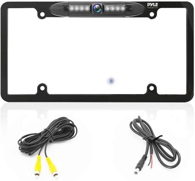 License Plate Frame Backup Camera - Built-in Distance Scale Lines Backup Parking Reverse Assist Marine Grade Waterproof IP-67 Adjustable Slim Bar Cam Night Vision w/ 420 TVL Resolution - Pyle