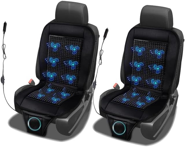 Beaded Cooling Car Seat Cover Massage Cushion, Beaded Seat Cover Black Wooden Beads with 12V Car Seat Cooling Pad Adjustable Temperature, Breathable Sweat Protector Cooling Covers for Summer (2 Pack)