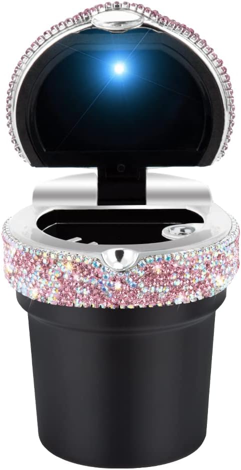 eing Car Ashtray Portable Bling Cigarette Smokeless Cylinder Cup Holder with Blue LED Light Indicator and 2 Replacement Batteries,Car Accessories for Women,Ideal for Car,Home and Office,1-Pack Pink
