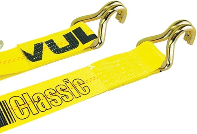 VULCAN Ratchet Straps with Wire J Hooks - 2 Inch x 15 Foot - 4 Pack - Classic Yellow - 3,300 Pound Safe Working Load