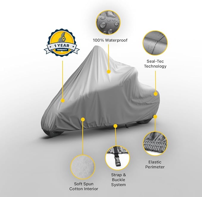 Seal Skin Covers Motorcycle Cover - All Season Waterproof Outdoor Protection Bike Cover - Protect Against Rain, Snow, Sun, UV & Hail, Fits Upto (97" - 111")