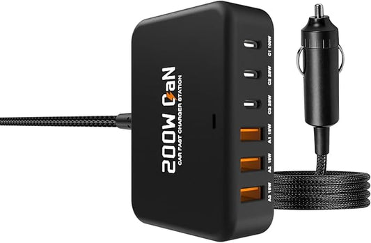 2026 New 200W Multi-Port USB-C/A Car Charger Station - QC3.0 & PD & PPS Fast Charging Adapter,Compatible with iPhone,iPad,MacBook,Android,Laptops,Dash Cams & Other Electronics - Simultaneous Charging