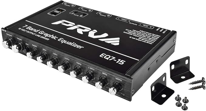PRV AUDIO EQ7-15 7 Band Graphic Equalizer 15 Volt RCA Line-Level Output with Fader and Subwoofer Level Control for Car Audio