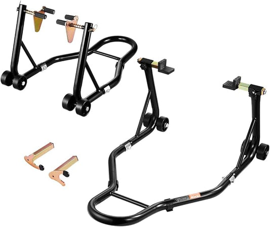 VEVOR Motorcycle Stand Lift, 1100lbs Capacity Front Rear Combo Stand Lift, Front Wheel Dual-Fork Stand, Rear U+L Fork Swingarm Spool Stand, for Most Yamaha Honda Kawasaki Suzuki Motorcycles, Black