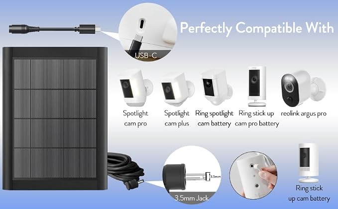Ring Solar Panel(2nd Generation), 2-Pack 5W Ring Solar Panel Charger with Mount and 12FT Extension Cable for Stick Up Camera & Pro, Spotlight Plus & Pro, Stick Up, Spotlight Cam Battery (2Pack White)