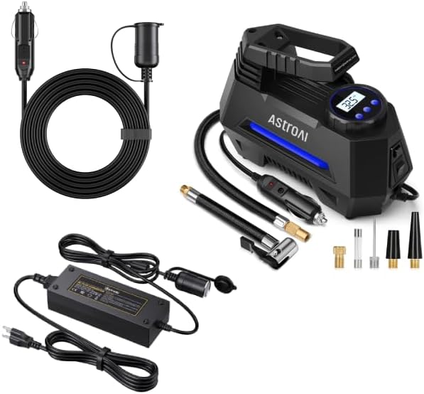 AstroAI Air Compressor Tire Inflator Blue, 10A AC to DC Converter and Cigarette Lighter Extension Cord 12FT Bundle