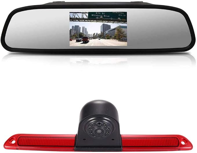 Car Third Roof Top Mount Brake Light 3 Rear View Camera Parking safety assistant system, HD Night Vision Waterproof for VW Crafter Caravelle/Mercedes Benz Sprinter W906 (With 4.3-inch rearview mirror)