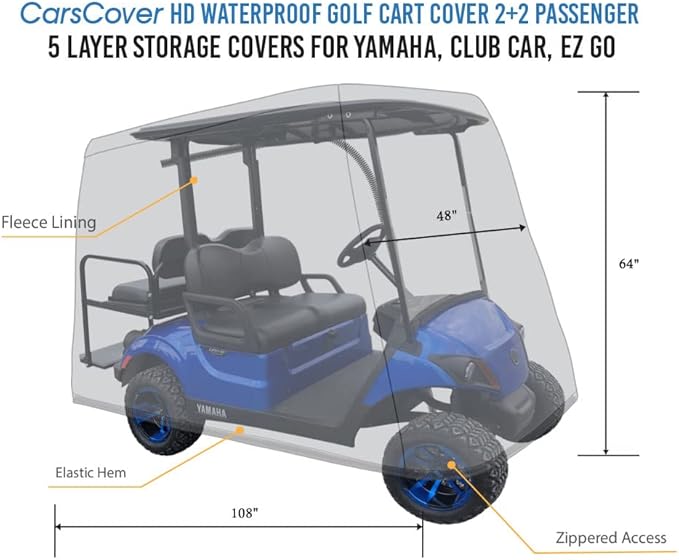 CarsCover HD Waterproof Golf Cart Cover 2+2 Passenger 5 Layer Storage Covers for Yamaha, Club Car, EZ Go (Fit up to 108 inch Long)