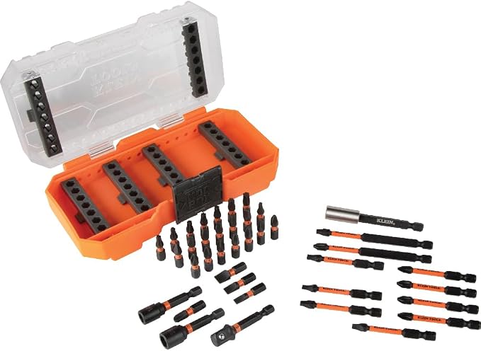 Klein Tools 65238 3-Piece Deep Impact Socket Set with Ratchet, Adapter, Case and 33801 40-Piece S2 Steel Phillips/Slotted/Square/TORX Bit Set with Nut Drivers, Extension, Case