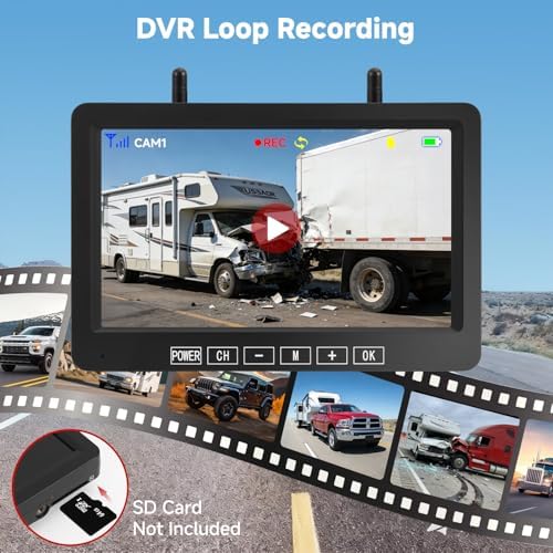 Magnetic Wireless Backup Camera for RV - 15000mAh Battery Solar Powered Reverse Camera System with 1080P 7in Monitor, 500ft Stable Range 4CH Split Screen for Horse Trailer Truck Pickup Tractor