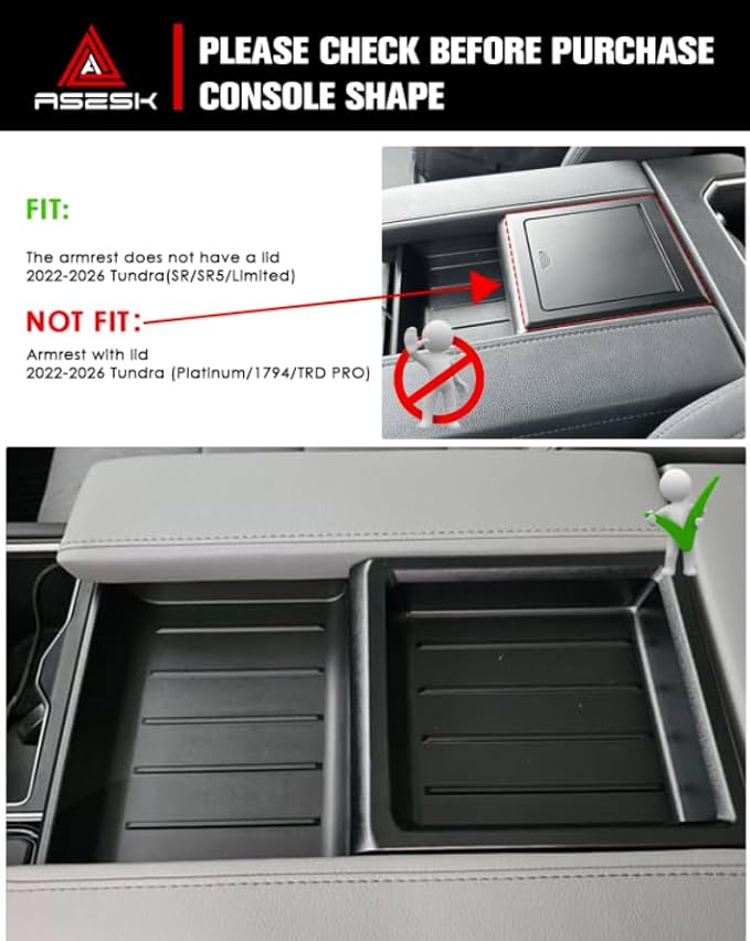 for 2022~2026 Tundra (SR/SR5/Limited) 2-in-1 Silicone Center Console Armrest Cover& Armrest Hidden Privacy Tray - [OEM Design& Friendly Liquid Silicone Rubber] - Thin Black