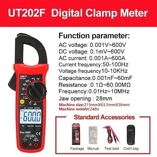 UNI-T Uni-Trend Multimeter clamp Meter UT201R/UT202R/UT203R/UT204R/UT202F AC/DC 400/600A Digital Ammeter clamp Meter DC AC for Measuring Ammeter Voltmeter Ohm Tester(UT202F)