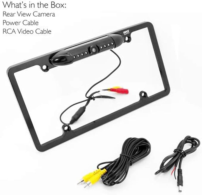 License Plate Frame Backup Camera - Built-in Distance Scale Lines Backup Parking Reverse Assist Marine Grade Waterproof IP-67 Adjustable Slim Bar Cam Night Vision w/ 420 TVL Resolution - Pyle