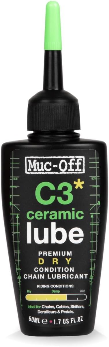 Muc-Off C3 Ceramic Dry Chain Lube, 50 Milliliters - Premium Bike Chain Lubricant with UV Tracer Dye - Formulated for Dry and Dusty Weather Conditions, Green