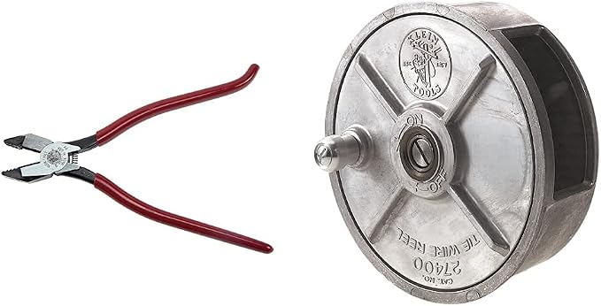 Klein Tools D201-7CSTA Linesman Pliers, Side Cutters with Spring Loaded Action & 27400 Tiewire Reel, Lightweight Aluminum, Left Handed and Right Handed with Rewind Knob