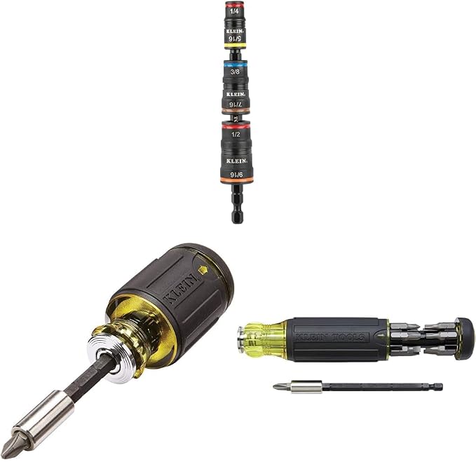 Klein Tools 32933 Impact Driver, 7-in-1 Impact Flip Socket Set & 32308 Multi-bit Stubby Screwdriver & 32303 Multi-Bit Screwdriver/Nut Driver