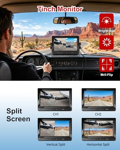 Wired Dual RV Backup Camera System with 7" Split Screen Monitor, 5V to 12V Step Up Converter Cable USB to DC 5.5x2.1mm Jack