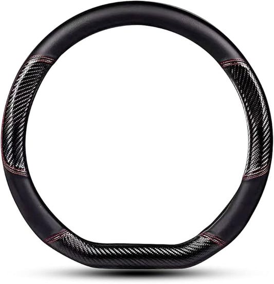 HAOTULE Car Carbon Fiber and Leather D-Shape Steering Wheel Cover, Stylish car Non-Slip Leather car Interior 15 inches Universal Black and Red