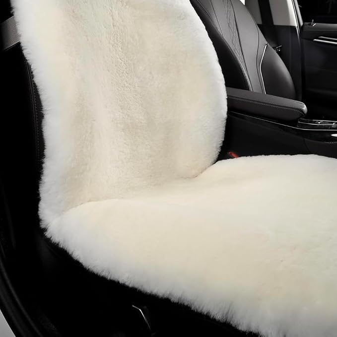 IRIWOOL Fluffy Fur Sheepskin Car Seat Cover Automotive Interior Accessories Seat Covers Accessories Seat Cushions， Soft Natural Pure Wool ，Universal Fits Most Cars SUVs (Ivory White, Universal Fit)