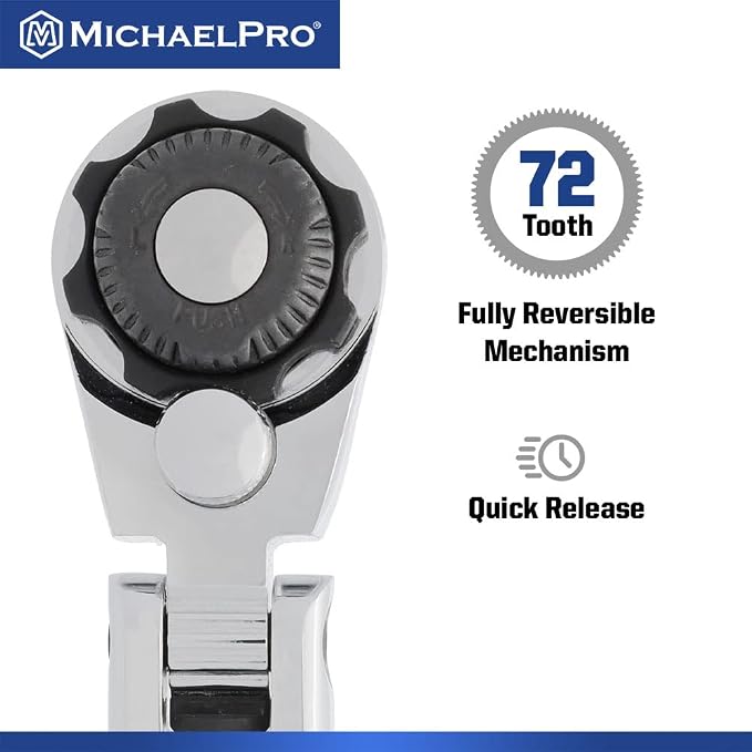 MichaelPro MP001228 19-Piece 3/8-Inch Drive Flex Head Ratchet and Socket Set, Reversible with Quick Release, No Popular Sizes Skipped
