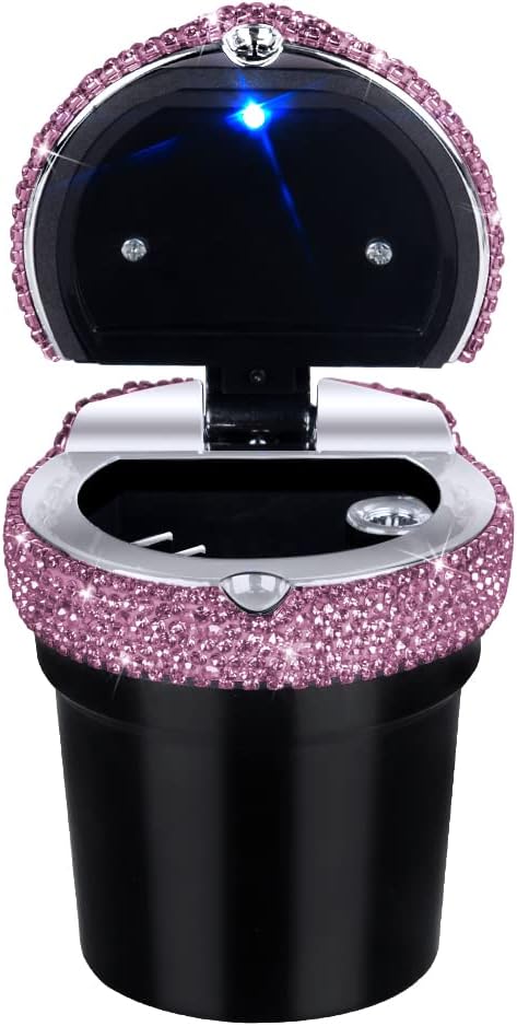 eing Car Ashtray Portable Bling Cigarette Smokeless Cylinder Cup Holder with Blue LED Light Indicator and 2 Replacement Batteries,Car Accessories for Women,Ideal for Car,Home and Office,1-Pack Purple
