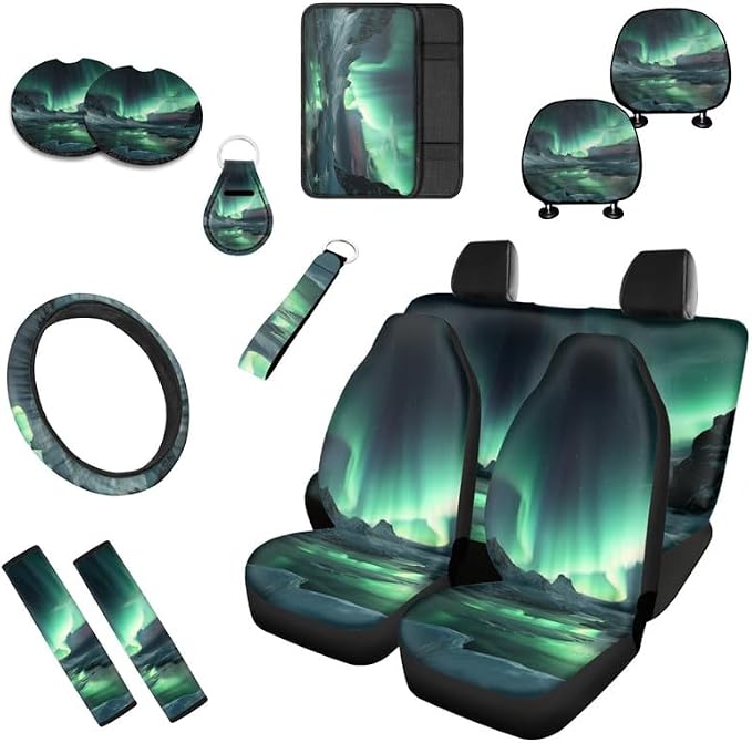 Northern Lights Print 13 pcs Full Set Arctic Glacier Iceberg Car Accessories Front Rear Seat Protection Universal for SUV Truck Vans Sedans, Green