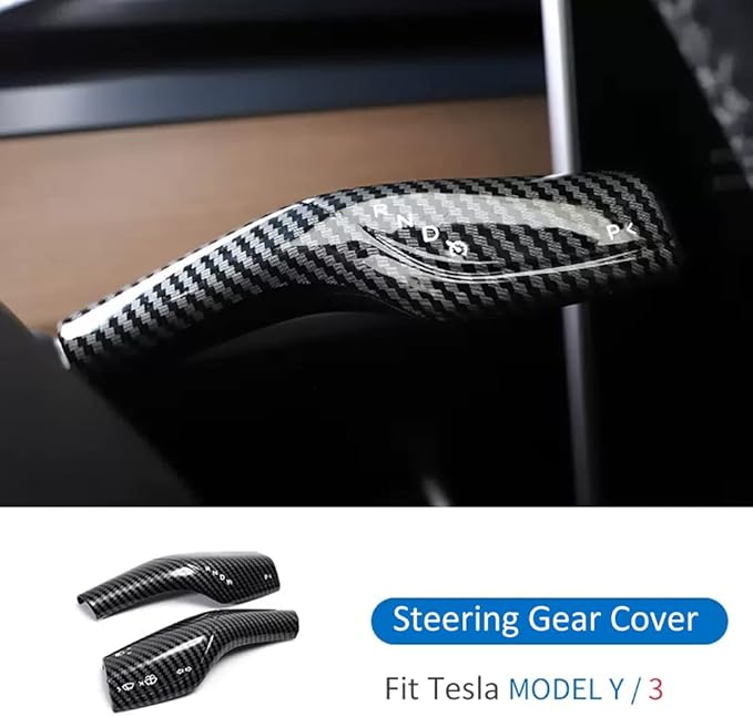 Fit Steering Wheel Column Cover for Tesla Model 3 Model Y, Gear Shift Cover Car Column Shift Knob Protection Cover Car Decor Interior 2pcs(Glossy Carbon Fiber Pattern)