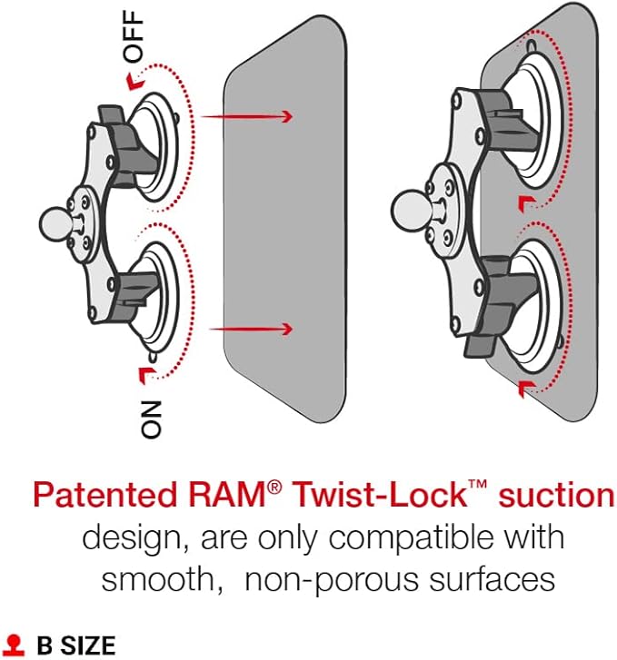 RAM MOUNTS Dual Suction Cup Mount Base with Twist-Lock, B Size 1" Ball for Windshield & Smooth Surfaces, Heavy-Duty Vehicle & Aviation Mount Base RAM-B-189B-202U