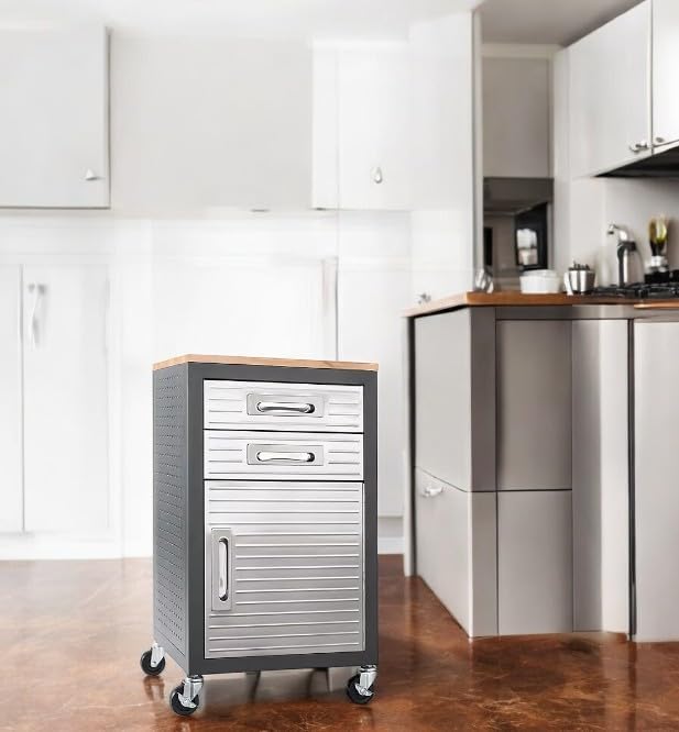 Heavy Duty Rolling Storage Cabinet with Wheels and Drawers, Workstation for Garage, Office, Workshop, 1 Door, 2 Drawer (20" W x 18" D x 34.7" H), Graphite