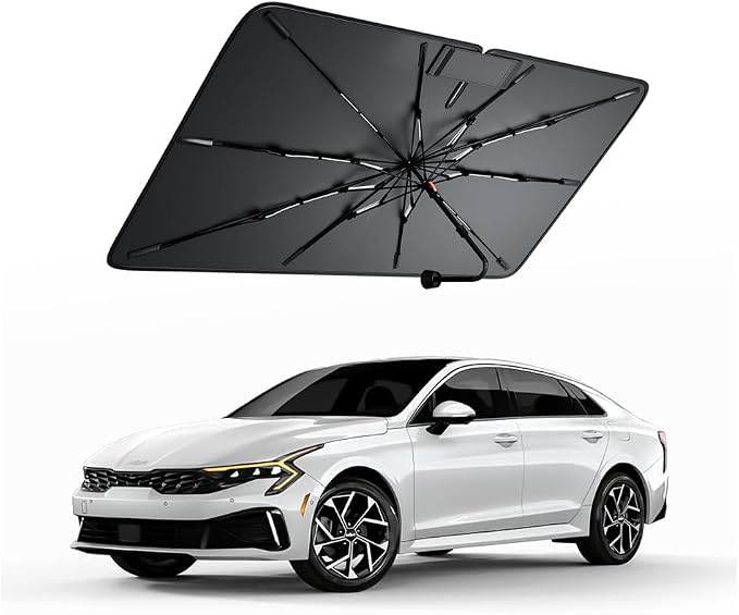 Windshield Sun Shade for Kia K5 2021–2026, Foldable Umbrella Sunshade with 100% UV Block, Multi-Layer Heat Insulation, Reinforced 10-Rib Frame, Keeps Car Cooler, Summer Car Accessory