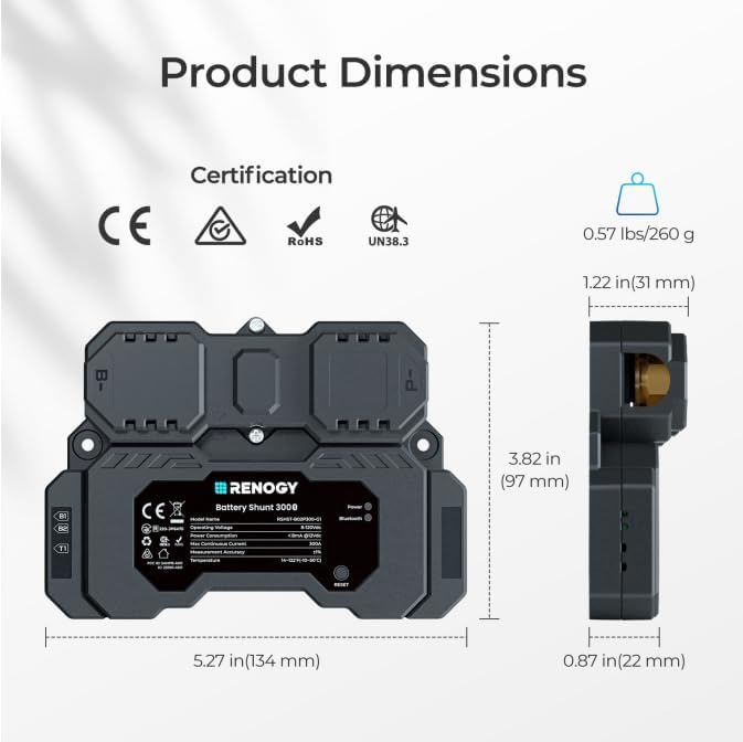 Renogy Battery Shunt 300, Remote Battery Monitoring, Range 8V-120V up to 500A, High Precision Current Sensor, Compatible Lead Acid, LFP, Li-ion, and Ni-MH Batteries