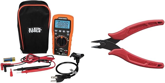 Klein Tools ET270 Auto-Ranging Digital Multi-Tester, AC/DC, Resistance, Continuity & D275-5 Pliers, Diagonal Cutting Pliers with Precision Flush Cutter is Light