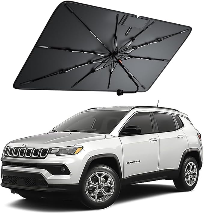 Windshield Sun Shade for Jeep Compass 2007–2026, Foldable Umbrella Sunshade with 100% UV Block, Multi-Layer Heat Insulation, Reinforced 10-Rib Frame, Keeps Car Cooler, Summer Car Accessory