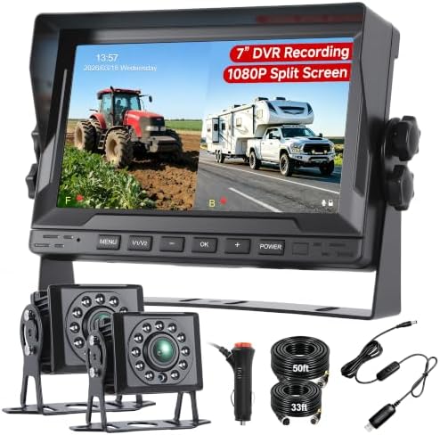 Wired Dual RV Backup Camera System with 7" Split Screen Monitor, 5V to 12V Step Up Converter Cable USB to DC 5.5x2.1mm Jack