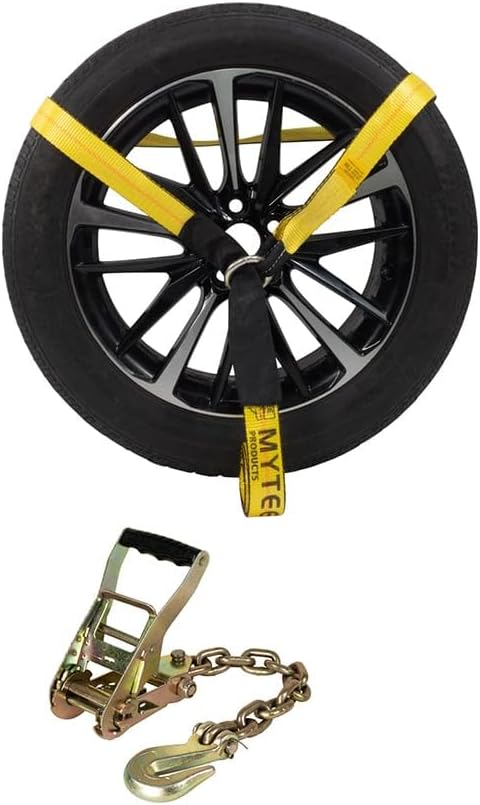 Mytee Products 2" x 12' Car Tie Down Ratchet Lasso Straps with Chain Anchor - 3,333 LBS WLL - Car Hauler Tire Straps for Trailers - Tie Down for UTV, Trucks, ATV