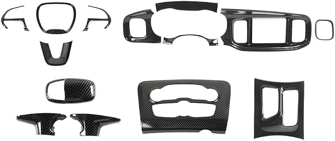 JWWY Carbon Fiber Interior Trim Kit for 2015–2026+ Dodge Charger, Dashboard Instrument Panel Gear Shift Knob Center Console AC Control Panel Cover Interior Accessories 14PCS