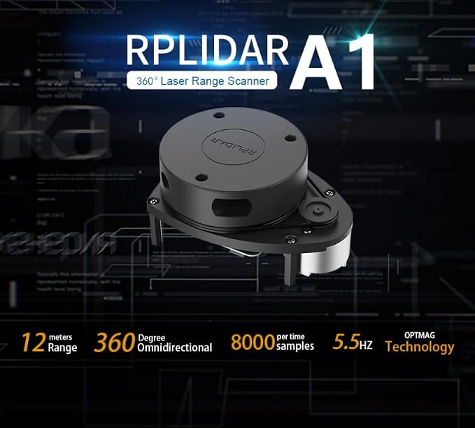 SLAMTEC RPLIDAR A1M8-360 Degree Laser Radar (LIDAR) for Robot Navigation, SLAM, and 2D Mapping - 12m Range, 5.5Hz Scan Frequency