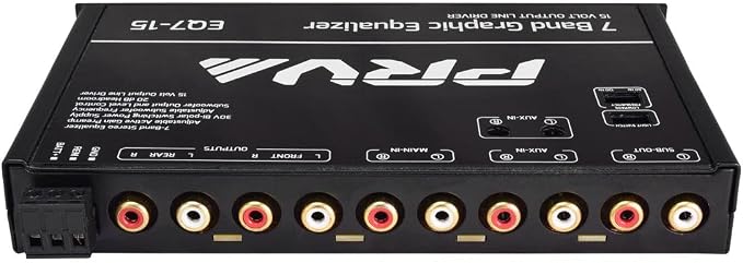 PRV AUDIO EQ7-15 7 Band Graphic Equalizer 15 Volt RCA Line-Level Output with Fader and Subwoofer Level Control for Car Audio