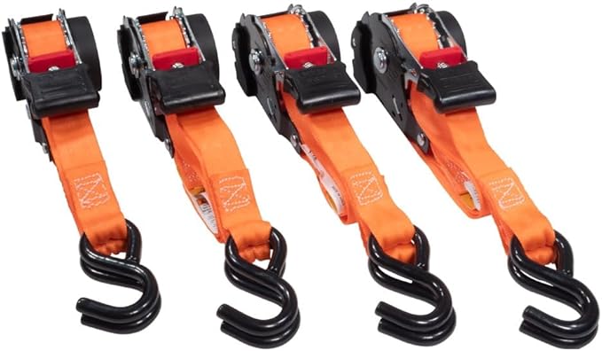Mytee Products 4 Pack Orange Auto Retract NO-RATCHETING Ratchet Straps | 1" x 12' Retractable Ratchet Straps with Zinc Coated S Hook Tiedowns for Motorcycles, ATVs, Bikes, Trailer Tie-Down