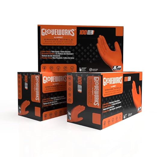 GLOVEWORKS 8 Mil Orange Nitrile Disposable Gloves Heavy Duty Industrial RDT for Mechanic and Automotive, XXL 3 Boxes of 100