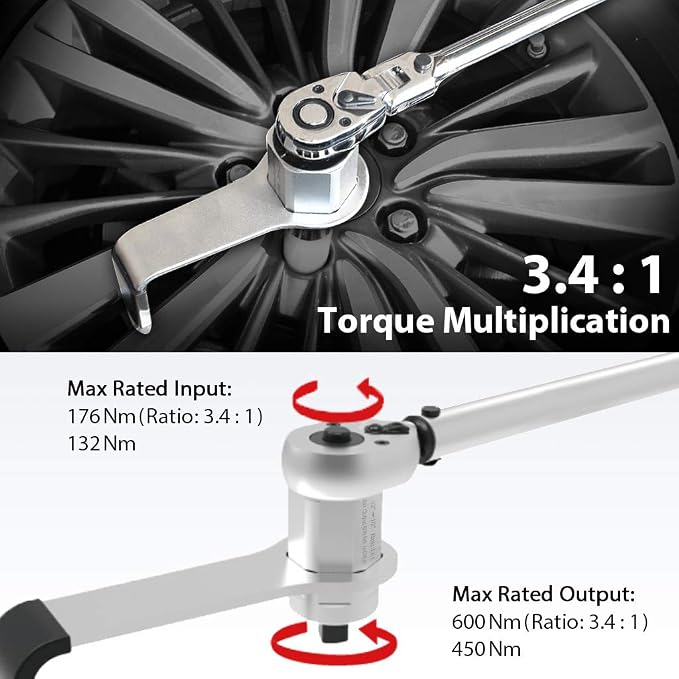 FIRSTINFO 3.4:1 Compact Torque Multiplier Wrench 600 Nm (443 ft-lbs) | 1/2" Drive Male to Female Adapter, Labor Saving Tool for Lug Nut, Easy Tire Change, F3220DD