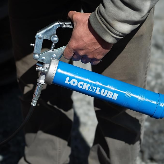 LockNLube Heavy-Duty Pistol Grip Grease Gun (Blue). Includes our patented LockNLube® Grease Coupler (Locks On, Stays On, Won't Leak!) plus a high-quality 20" hose and in-line hose swivel