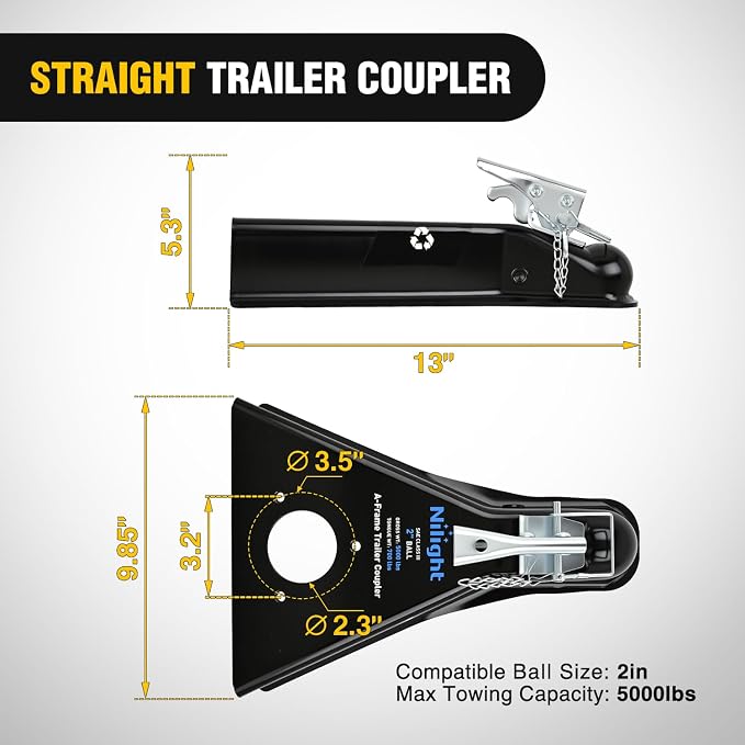 Nilight Class III A-Frame Trailer Coupler with Security Latch&Chain fits 2-Inch Hitch Ball for Pickup Trucks, RV, Boat, Camper, 5000LBS Capacity, Black Powder Coated
