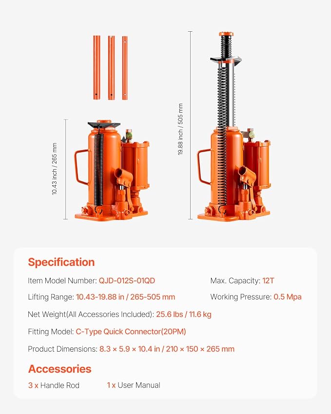 VEVOR Air Hydraulic Bottle Jack, 12 Ton/26455 lbs Pneumatic Hydraulic Bottle Jack with 10.43''-19.88'' Lifting Range & Manual Hand Pump, for Pickup, Truck, RV, Auto Repair, Industrial Engineering